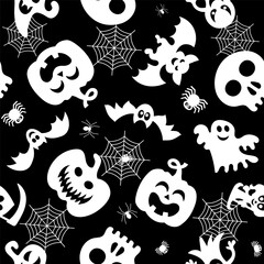 Halloween vector set. Pumpkin, bat, ghost. Simple seamless pattern