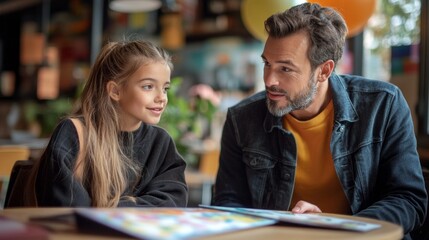 Poster - A young girl and a man are sitting at a table in a restaurant