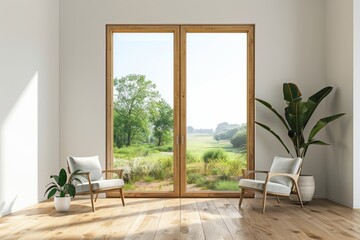 A serene room with wooden accents and large windows inviting nature inside. Two cozy chairs create a calming space. Ideal for relaxation and inspiration. Generative AI