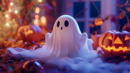 A friendly ghost floating among Halloween decorations in a festive setting