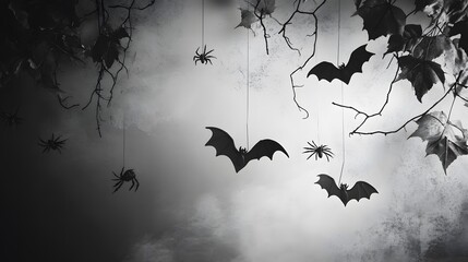 Monochrome vignette of Halloween decorations in black and white, featuring bats and spiders