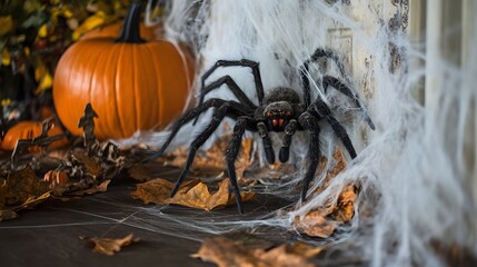 Wall Mural - Oversized spider creeping down a wall covered in spider webs and Halloween decorations