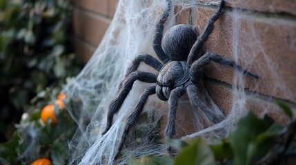 Wall Mural - Oversized spider creeping down a wall covered in spider webs and Halloween decorations