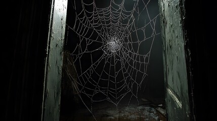Wall Mural - Oversized spider web catching the light in a dark, spooky room