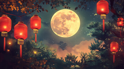 mid-autumn festival background (east asia), red and gold lantern illustration hanging in the night s