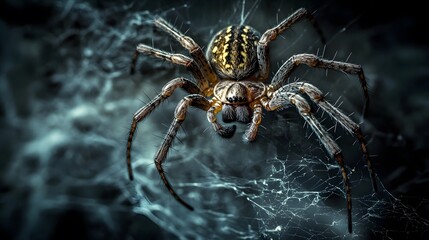 Wall Mural - Oversized spider hanging from a web in a dark corner with eerie lighting