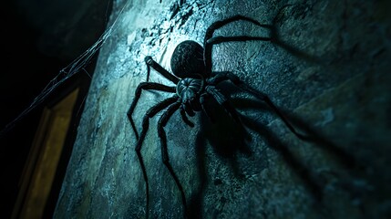 Wall Mural - Oversized spider hanging from a web in a dark corner with eerie lighting