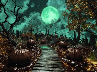 Wall Mural - Jade moon over chocolate pumpkins in a creepy cemetery with dark wooden paths.