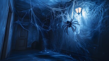 Wall Mural - Oversized spider and webs covering a dark corner in a haunted house setup