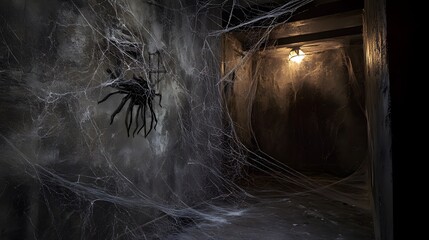 Wall Mural - Oversized spider and webs covering a dark corner in a haunted house setup