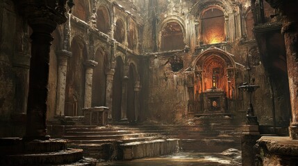 Poster - Sunlit Interior of a Ruined Ancient Cathedral