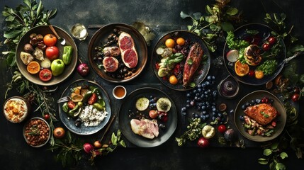 Wall Mural - Gourmet Food Arrangement on a Dark Background with Greenery