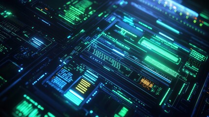 Poster - Abstract Futuristic Technology Interface with Glowing Green and Blue Lights.