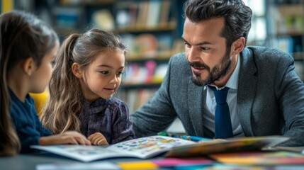 Wall Mural - A man is reading a book to a young girl