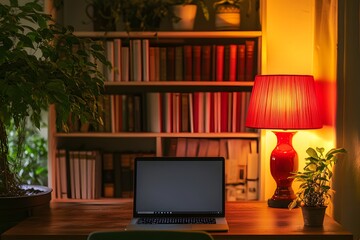 laptop on desk, bookcase in the background, red lamp and green plant, cozy home office