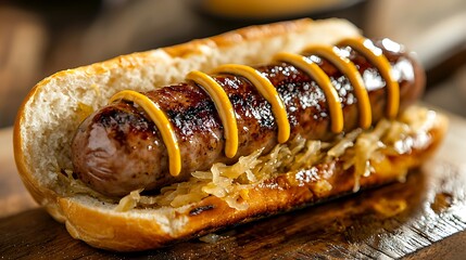 Juicy sausages paired with sauerkraut and mustard come together in a bun, offering a hearty meal.