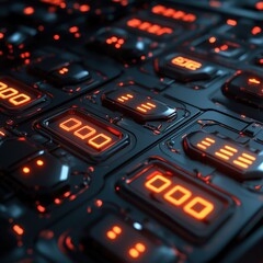 Poster - Futuristic Digital Interface with Red Glowing Lights Close Up Macro.