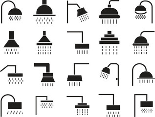 Fototapete - Set of Shower Head vectors for Adverts. Suitable for books, stores, shops. Taking bath shower icon sign. Bathroom shower pictogram symbol in trendy black fill style isolated on transparent background.