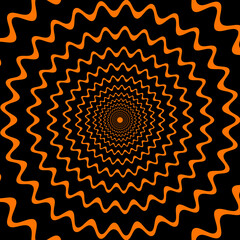 Poster - Psychedelic hypnotic Halloween spiral pattern. Mesmerizing vector background with black and orange wavy lines gradually narrow towards the center dot, creating visual illusion and movement effect