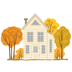 Country house and autumn trees vector illustration isolated on white background, fall season landscape.