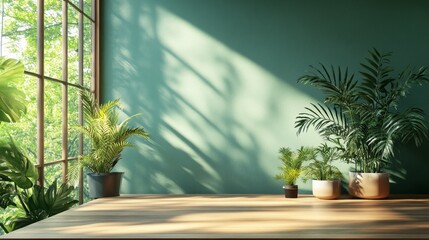 Wall Mural - A room with a green wall and a window with trees outside