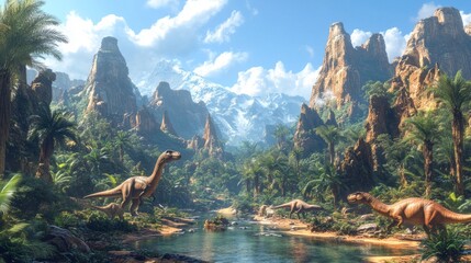 Wall Mural - A scene of a dinosaur in a jungle with a river in the background