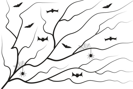 


Hand drawn Halloween dry tree with stretched Bat Hanging on spiders web black and white isolated background, Winter Naked creepy old trees No leaves bare branch Scary Spider silhouettes 



