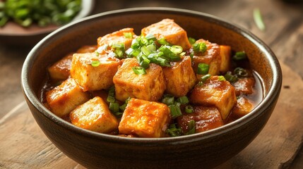 Tofu dish in a brown bowl. This photo is perfect for showcasing vegetarian and vegan recipes, especially Asian cuisine.