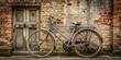 © AK2478 - 10. A vintage ash grey bicycle leans against a worn brick wall, adorned with old rusty locks and faded stickers, a realistic photo image.
