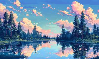 Wall Mural - landscape with lake