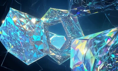 Poster - Exploring the mesmerizing dance of glowing geometrical shapes in a vivid digital realm at the heart of cyberspace under an otherworldly glow. Generative AI