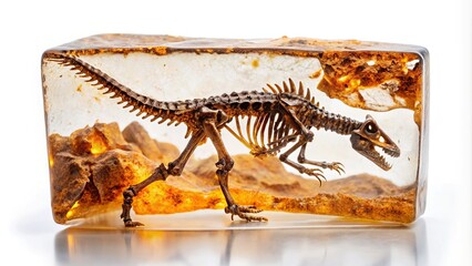 2. Ancient, fossilized dinosaur bone fragment encased in a transparent, glass-like resin, on a pure white background, a realistic photo image.