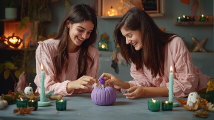 Wall Mural - Blush friends  in slate room, engaging with a lavender pumpkin, emerald candles.