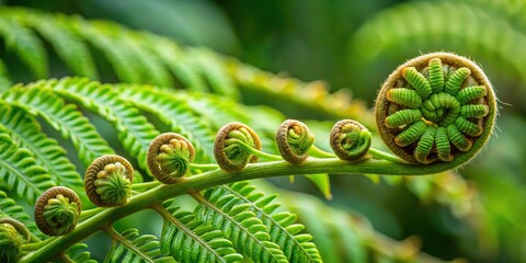 2. Delicate fern green leaves unfurling from a stem, capturing the intricate details and veins, a realistic photo image.