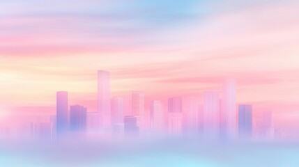 Wall Mural - A city skyline is shown in a soft pink and blue color scheme. The sky is hazy and the buildings are tall and slender