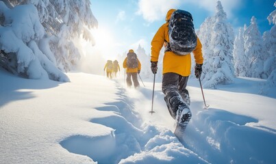 ski touring group ascending snowy mountain, backcountry winter adventure, powder snow expedition sce