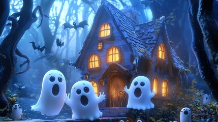 Cartoon haunted house with friendly ghosts, whimsical and fun, 3D illustration