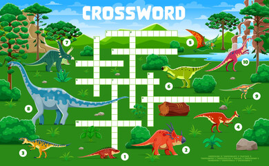 Poster - Crossword quiz game grid with prehistoric dinosaurs and cartoon dino, vector worksheet. Kids crossword quiz game to guess Jurassic dinosaurs, giant lizards and reptiles names in prehistoric forest