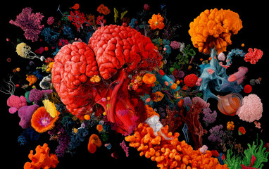 A vibrant artistic representation of a brain surrounded by colorful, abstract flora, showcasing creativity and imagination.