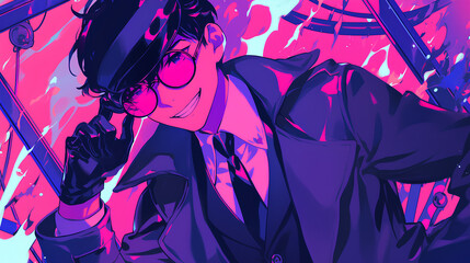 a male detective worker, anime style, cute kawaii, simple, smiling happy, neon psychedelic background