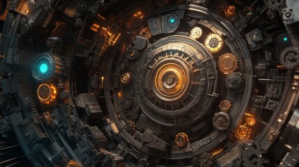 Poster - Abstract Industrial Machine Interior with Glowing Lights and Gears