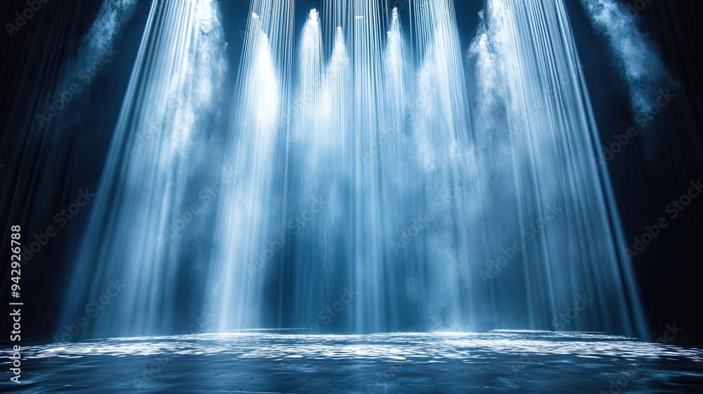Stage with a cascade of light beams, vertical and diagonal, white and ...