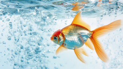 A single goldfish swims through clear water with bubbles rising up behind it.