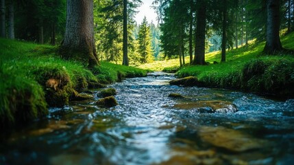 Wall Mural - Crystal-clear stream in a European forest, perfect for text overlay.