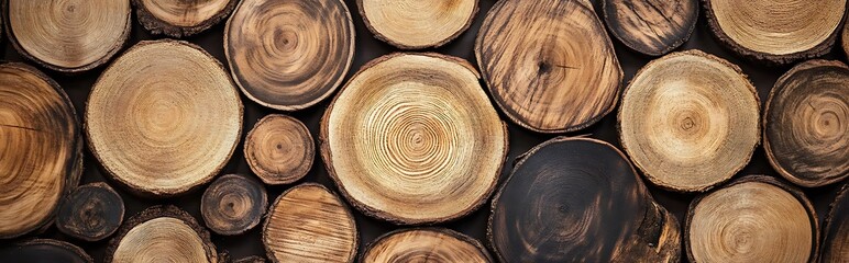 Close-up of circular, wooden slices, showing intricate patterns of growth rings and grain, revealing the beauty of natural wood texture.