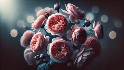 Wall Mural - A minimalist photograph of a large cluster of Rosa flowers set against a dark, blurred background