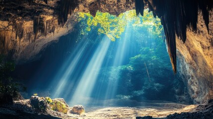 Wall Mural - Majestic cave opening with sunlight casting shadows, with space for copy.