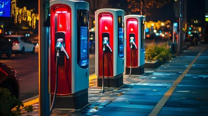 Electric car charging stations in a busy city, representing clean transportation