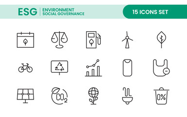 ESG flat editable line icon set. Vector line icon collection related to ecology, environment social governance, risk management, sustainable developmen and more.