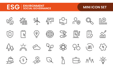 ESG flat editable line icon set. Vector line icon collection related to ecology, environment social governance, risk management, sustainable developmen and more.